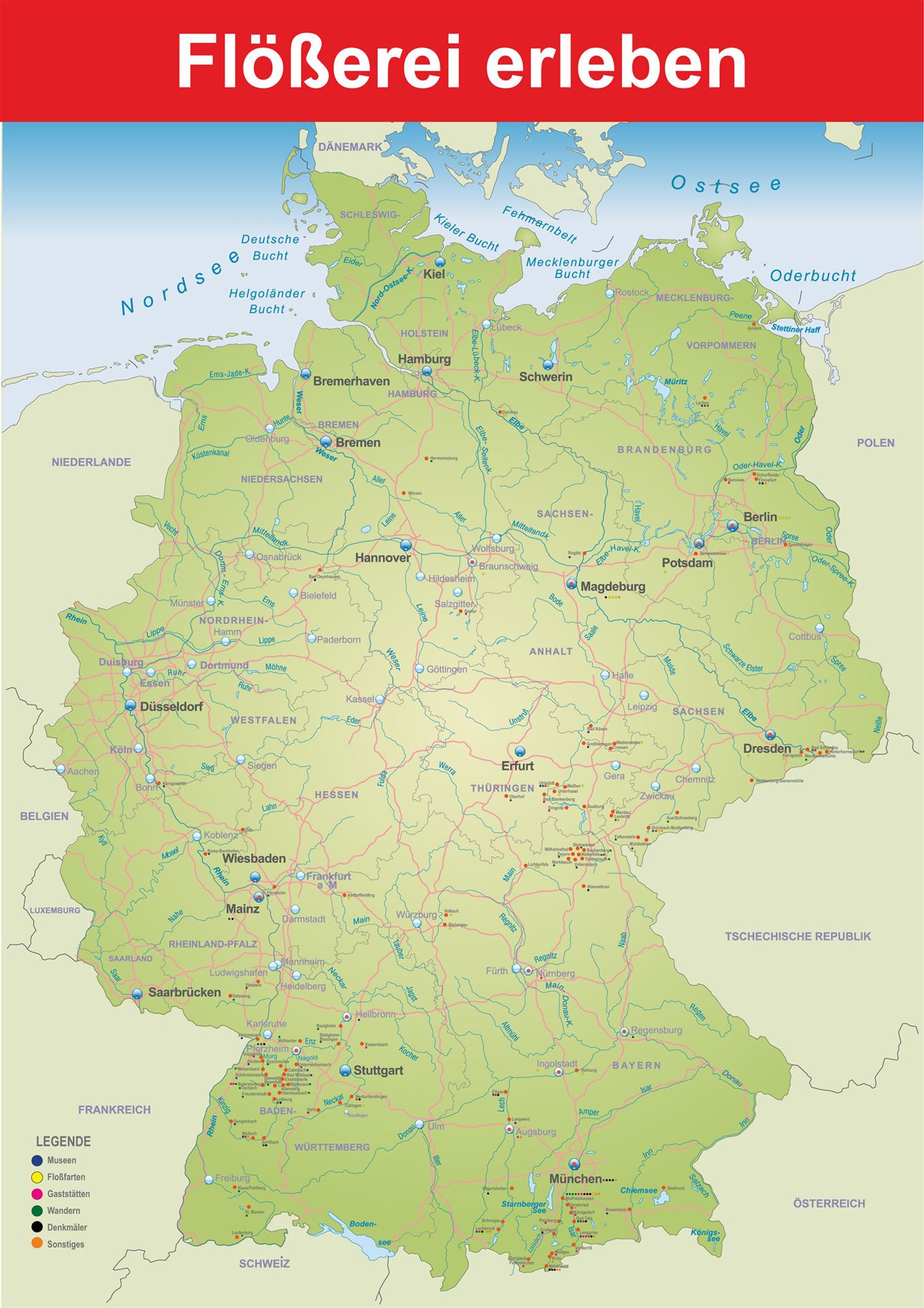 Karte Flößerei erleben – flößerische Sehenswürdigkeiten in Deutschland